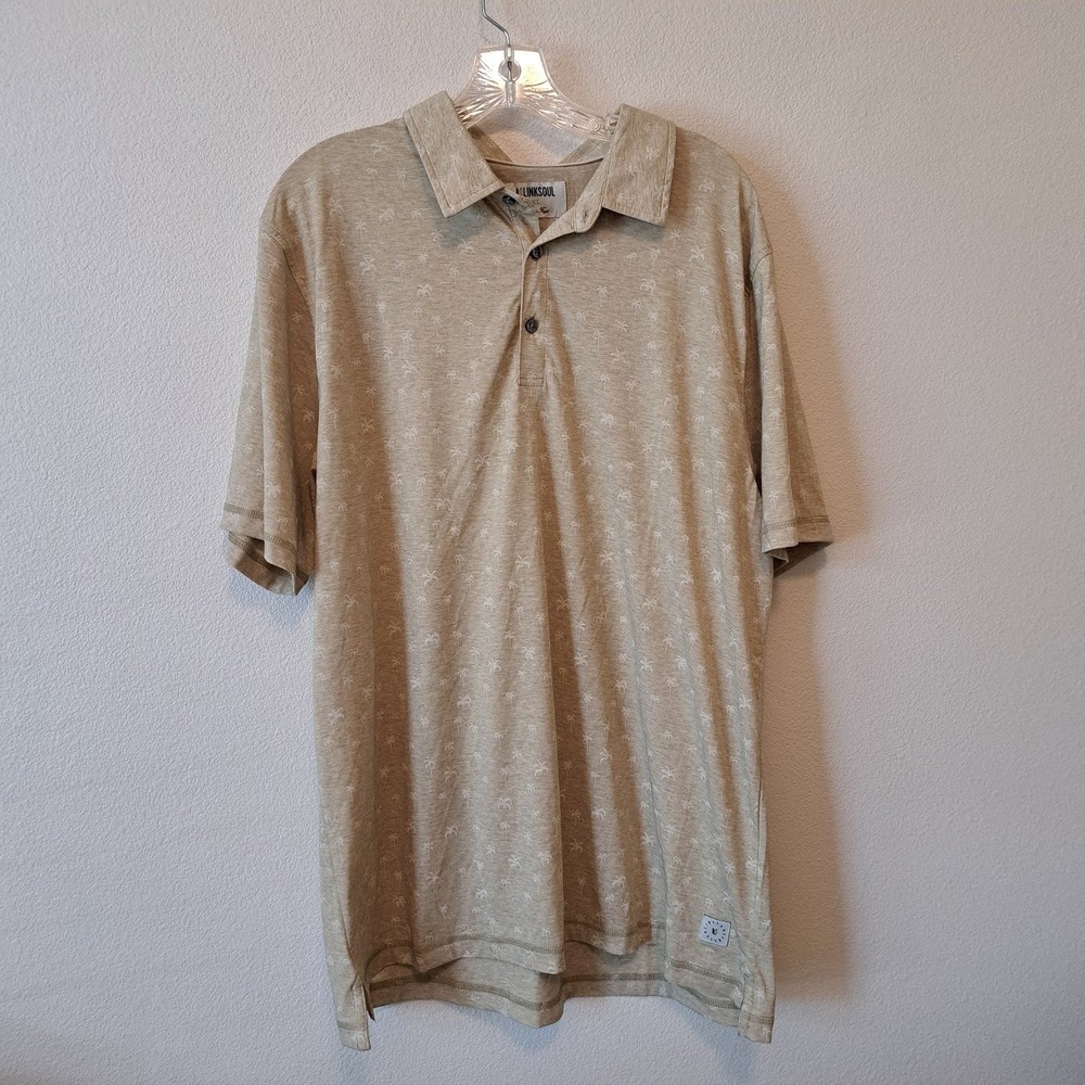 Linksoul Mens XL Tan Palm Tree Print Golf Polo Shirt Short Sleeve Heather